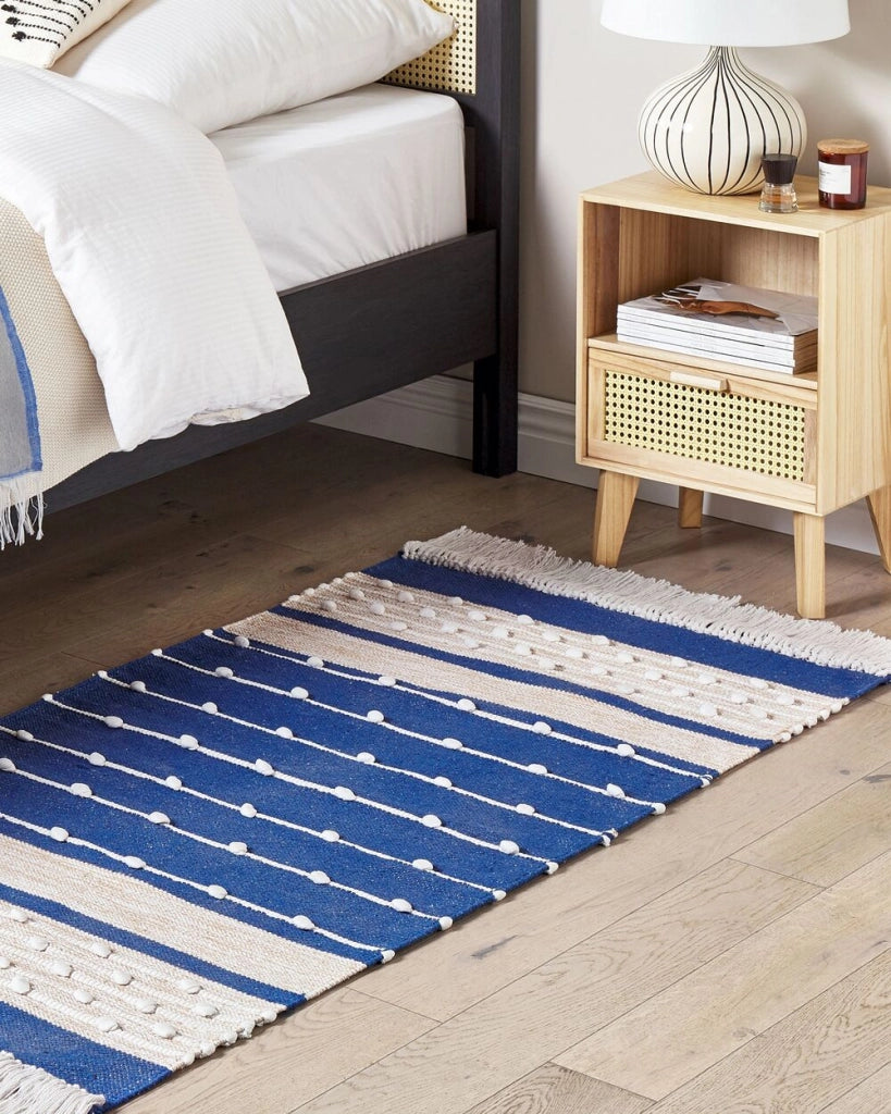 Tappeto in cotone blu e beige  con nappe e motivo a strisce verticali 80 x 150 cm camera da letto soggiorno ingresso