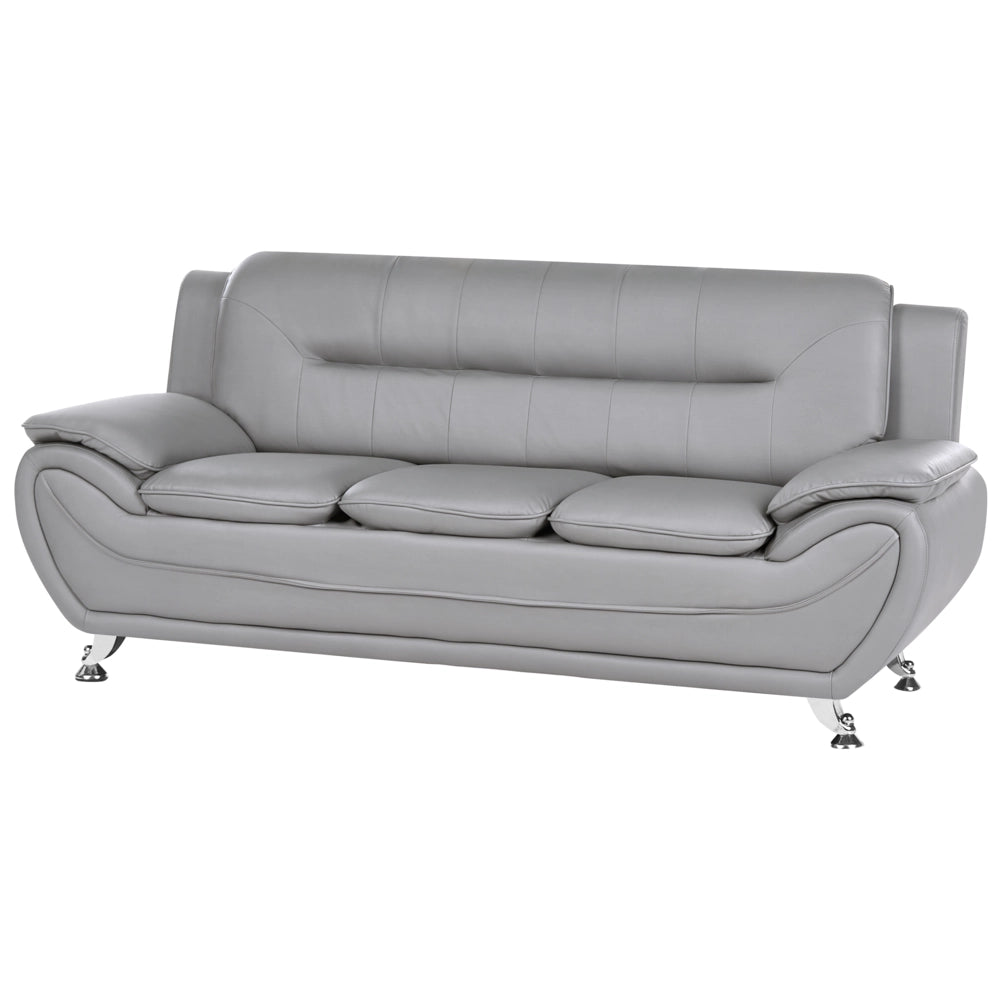 Divano a 3 posti in ecopelle vegana grigio con braccioli e gambe in metallo argentato facile da pulire stile moderno e glamour per il soggiorno