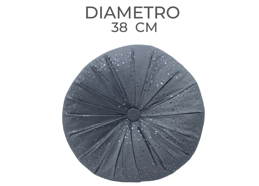 Cuscino Arredo Imbottito Effetto Velluto Rotondo A Pieghe Plissettato Con Lurex - 38x38 - Grigio