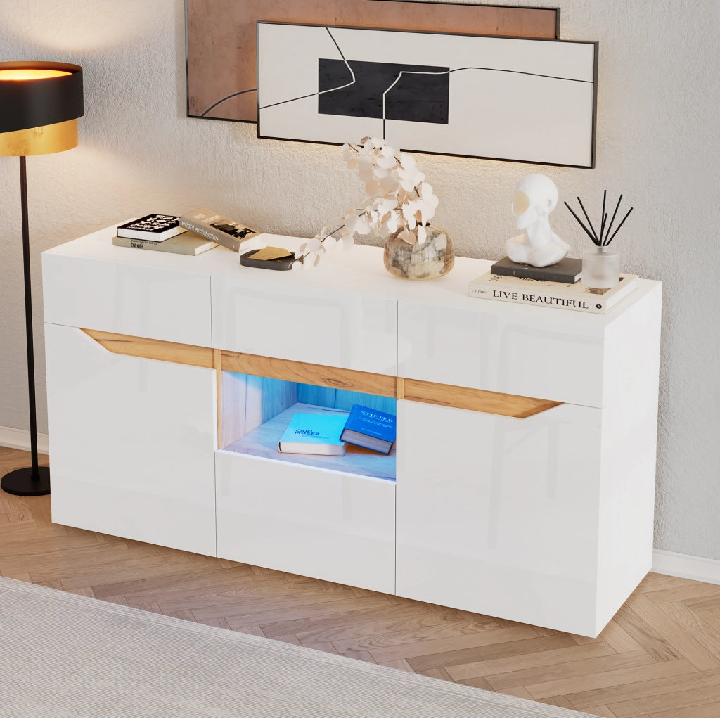 Madia ULEVR 140x40x70 cm con 4 cassetti, 2 vani, area semiaperta e LED USB, bianco e effetto legno