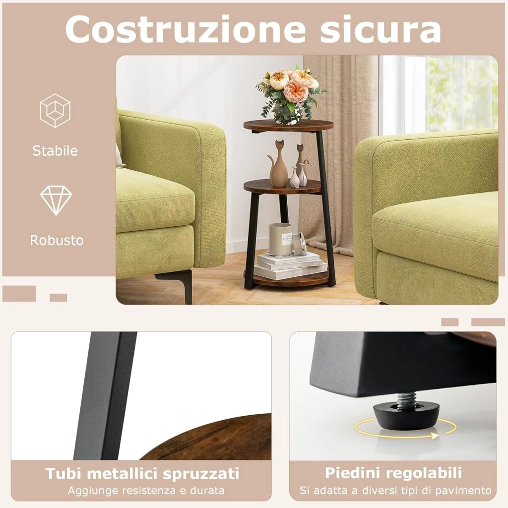 Tavolino Rotondo Industriale, Tavolino da Salotto a 3 Livelli con Struttura Metallica e Piedini Regolabili, Tavolino per Piccoli Spazi, da Soggiorno e Camera da Letto (2)