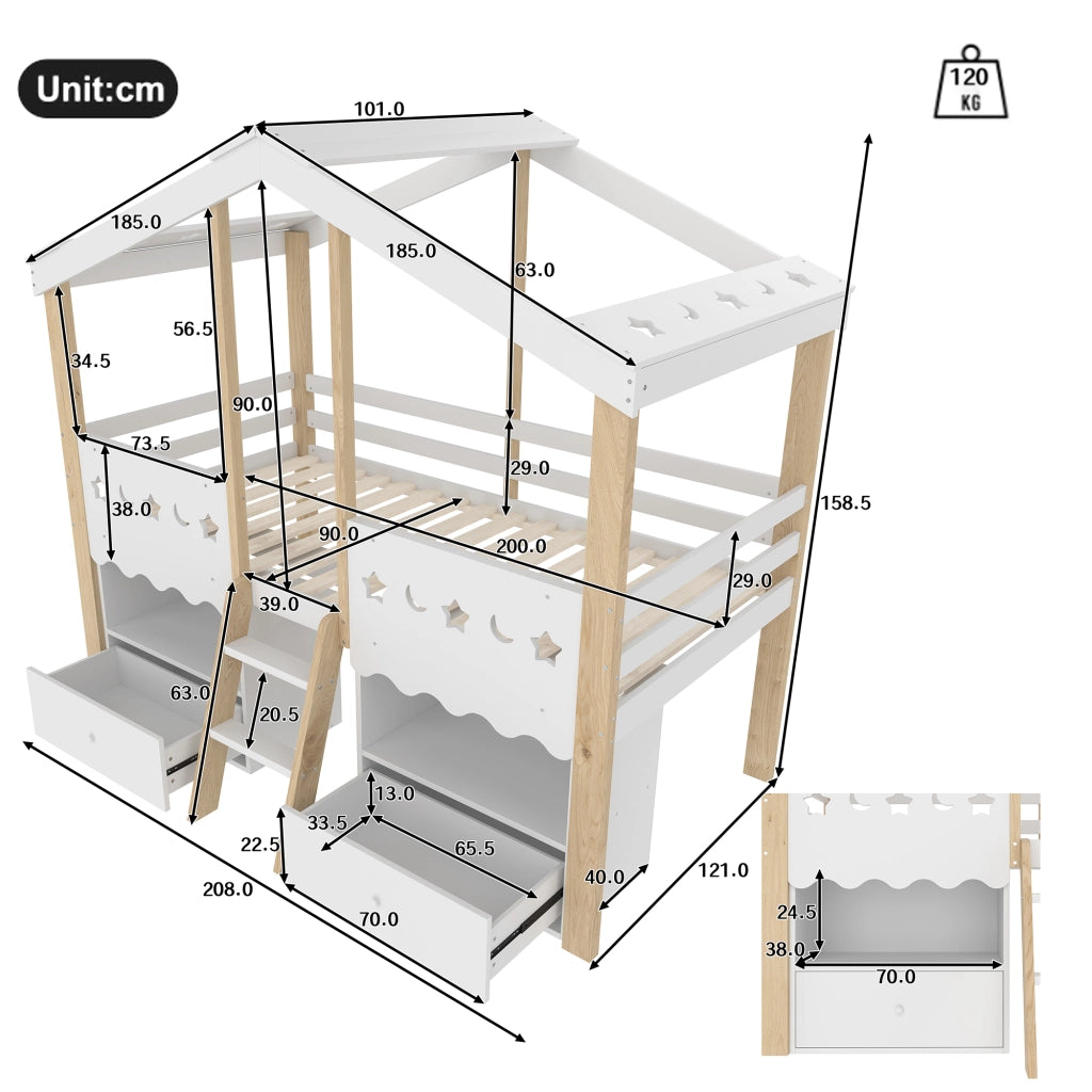 DESMIU Letto a soppalco per bambini 90 × 200 cm 1 posto con 2 cassetti, LED e scaffali, senza materasso