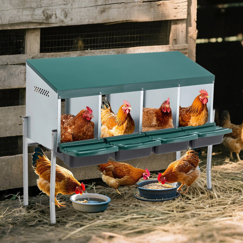 Scaffale con 4 nidi e coperchio di protezione per galline in acciaio zincato verde 24 × 26 cm