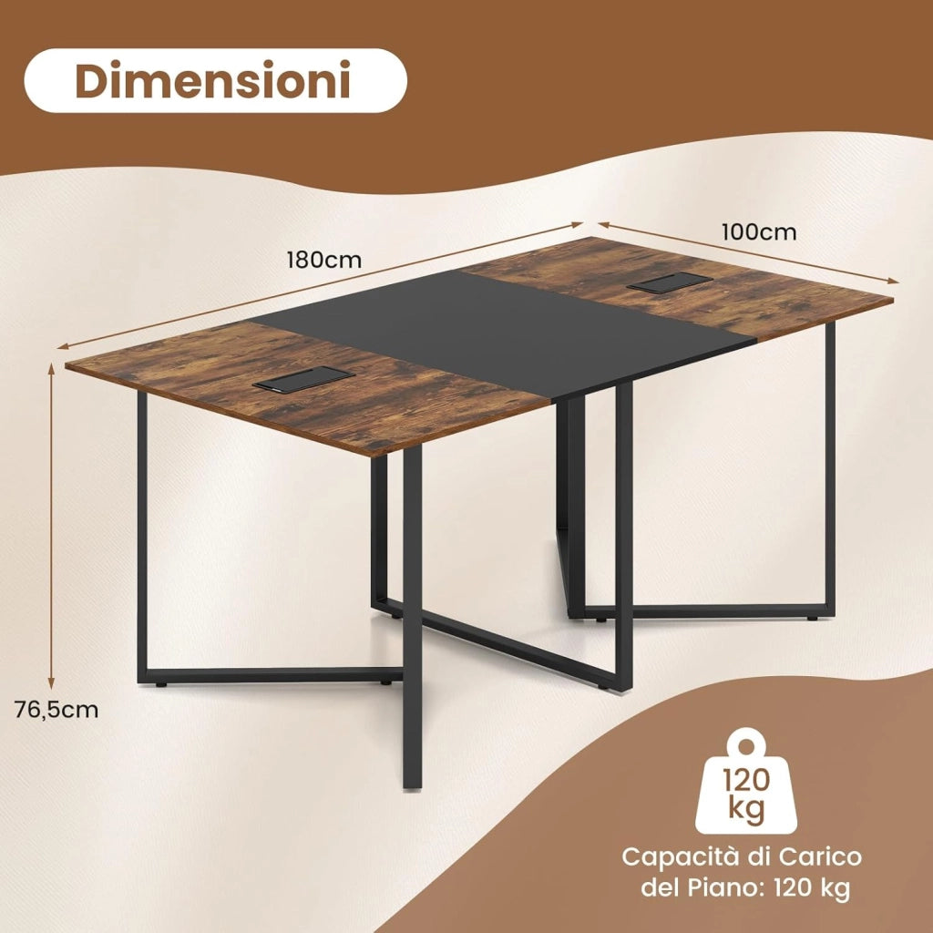 Tavolo da Conferenza 180 x 100 cm, Tavolo Riunioni Grande per 6-8 Persone, Postazione da Lavoro Stile Industriale con 2 Passacavi per Ufficio e Sala Riunioni