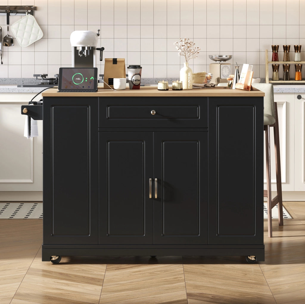 Isola cucina 131.8x40-70x93.3 cm con piano ribaltabile e prese integrate in MDF nero e naturale