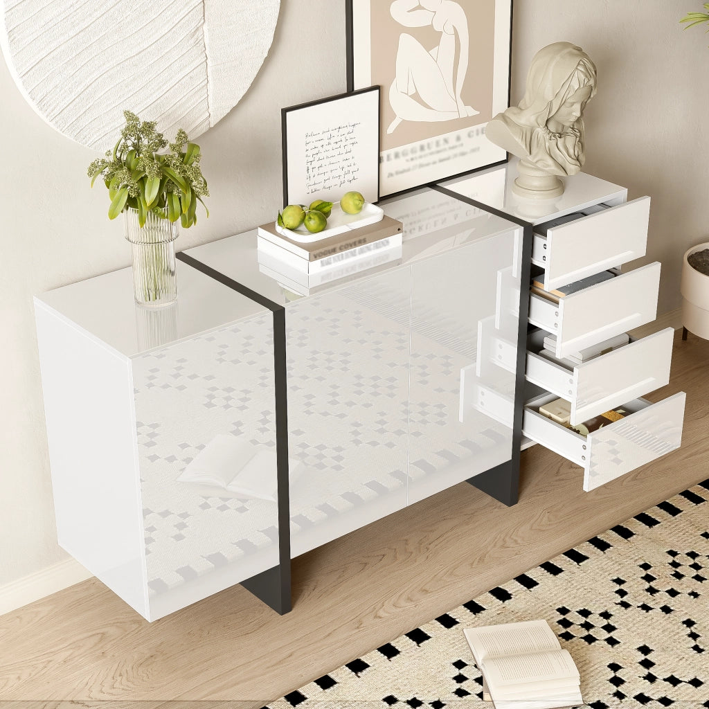 Credenza con 2 Ante e 4 Cassetti; Frontale Lucido; Stile Moderno; per Soggiorno; in MDF; 150??40??80;5 cm; Bianco Nero