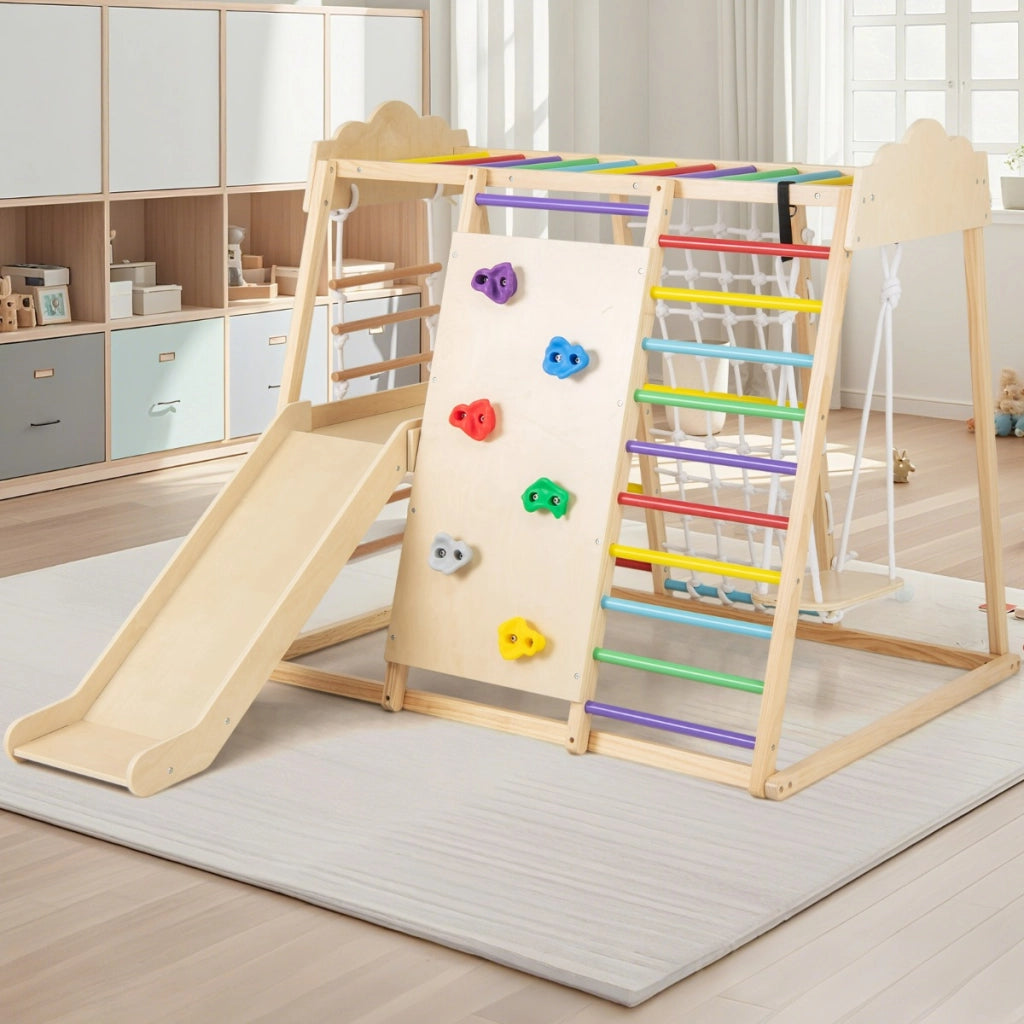 Palestra da interno 8-in-1 con scivolo rimovibile, Giocattoli da arrampicata in legno per bambini 3+ anni Multicolore-Arrampicate e scivoli