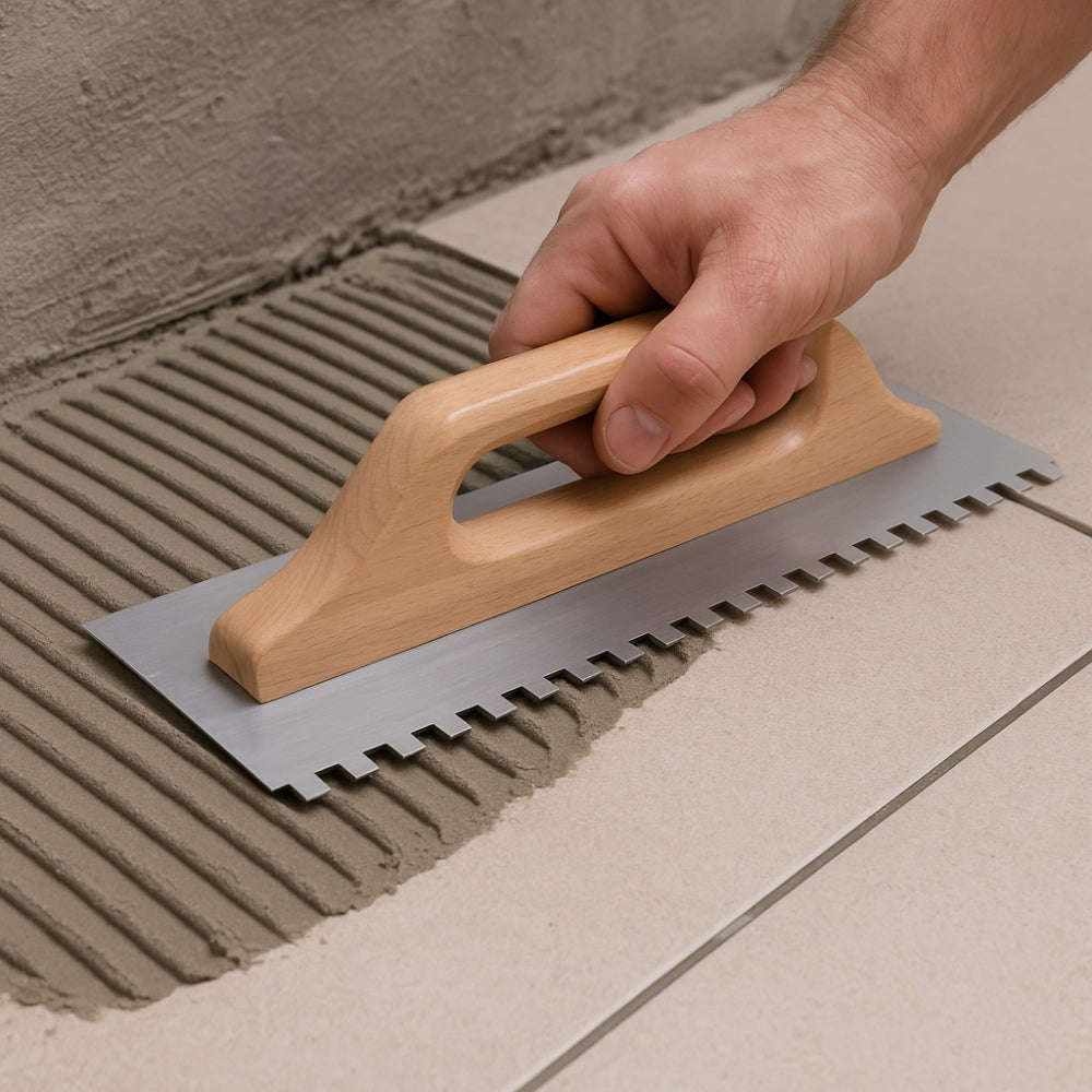Spatola dentata acciaio 48x13cm impugnatura legno cerato 10x10mm