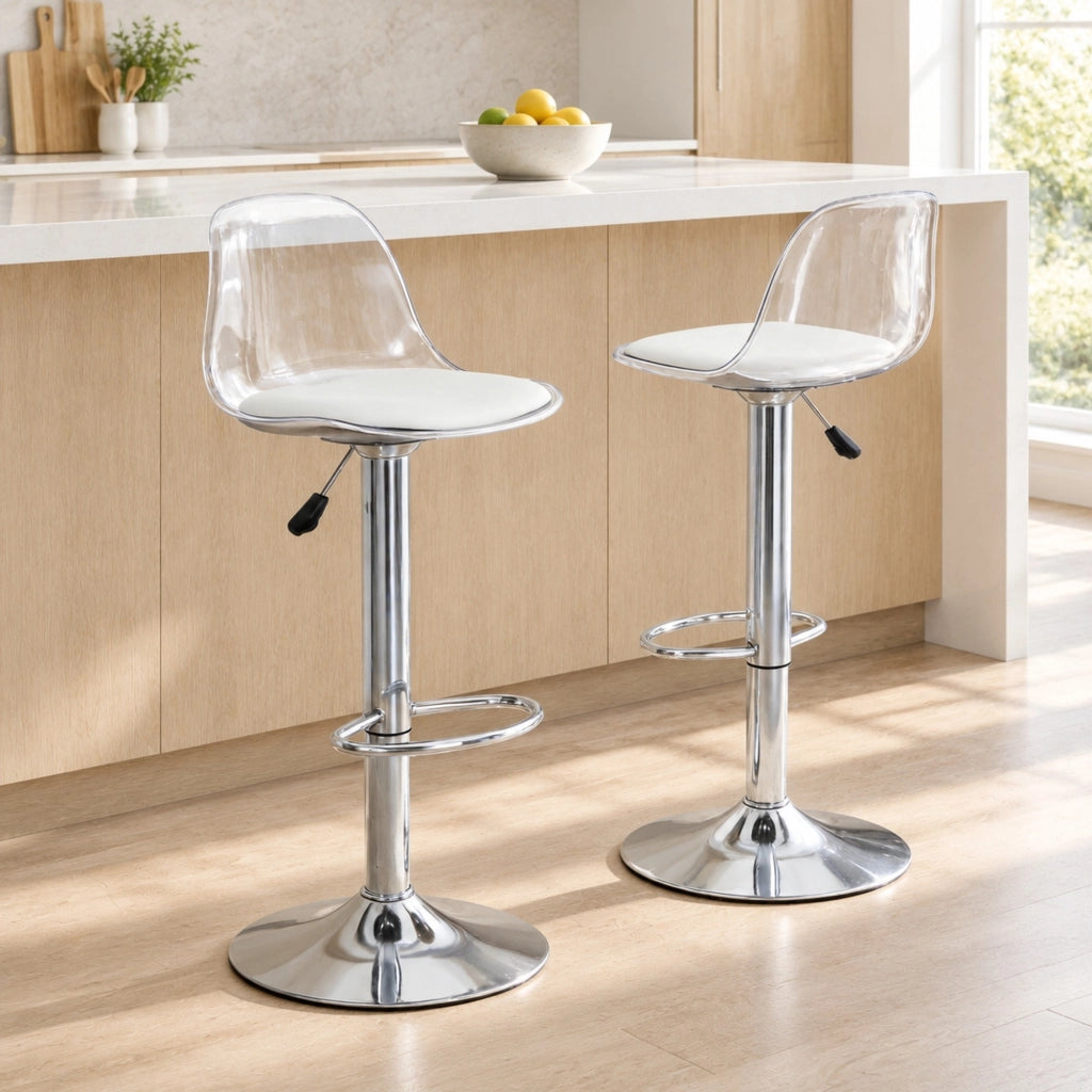 Set di 2 sgabelli da bar regolabili 82-104 cm trasparente e argento, girevoli 360°