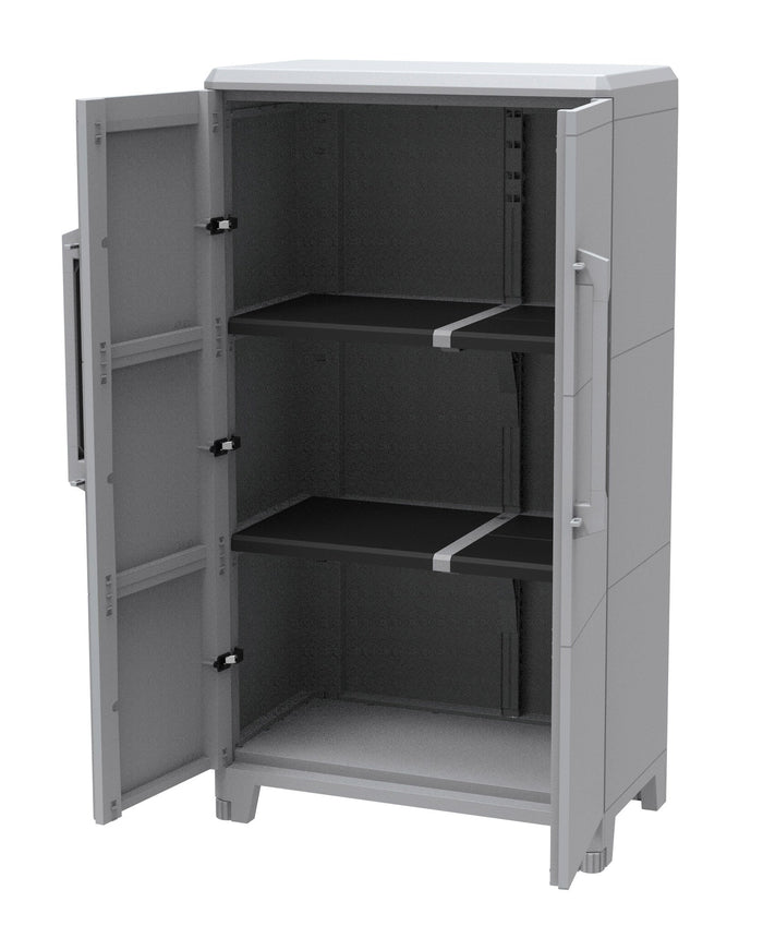 Armadio Portascope Modulare da Esterno 78x43,6x143 cm 2 Ante 2 Ripiani in Polipropilene Transforming Grigio e Nero