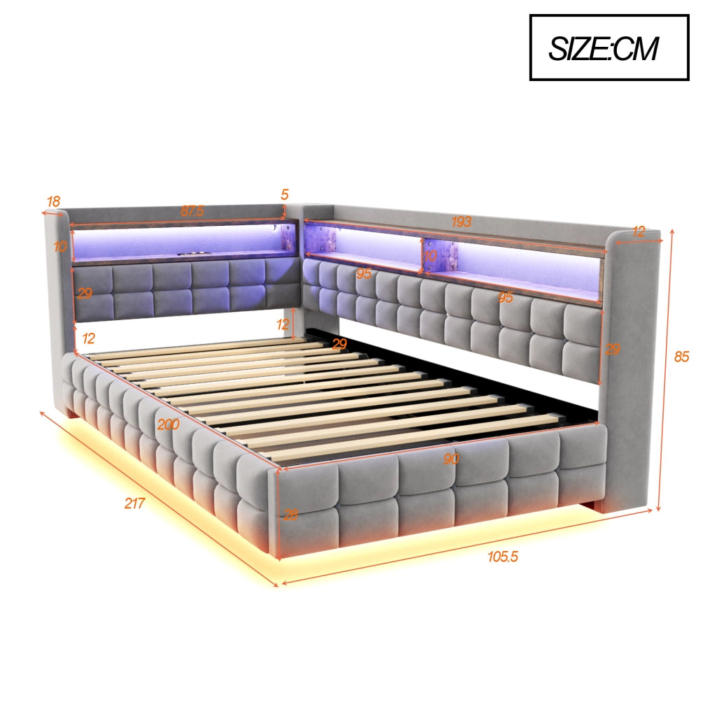Letto imbottito multifunzione 90x200 cm in velluto grigio chiaro con contenitore; LED e prese