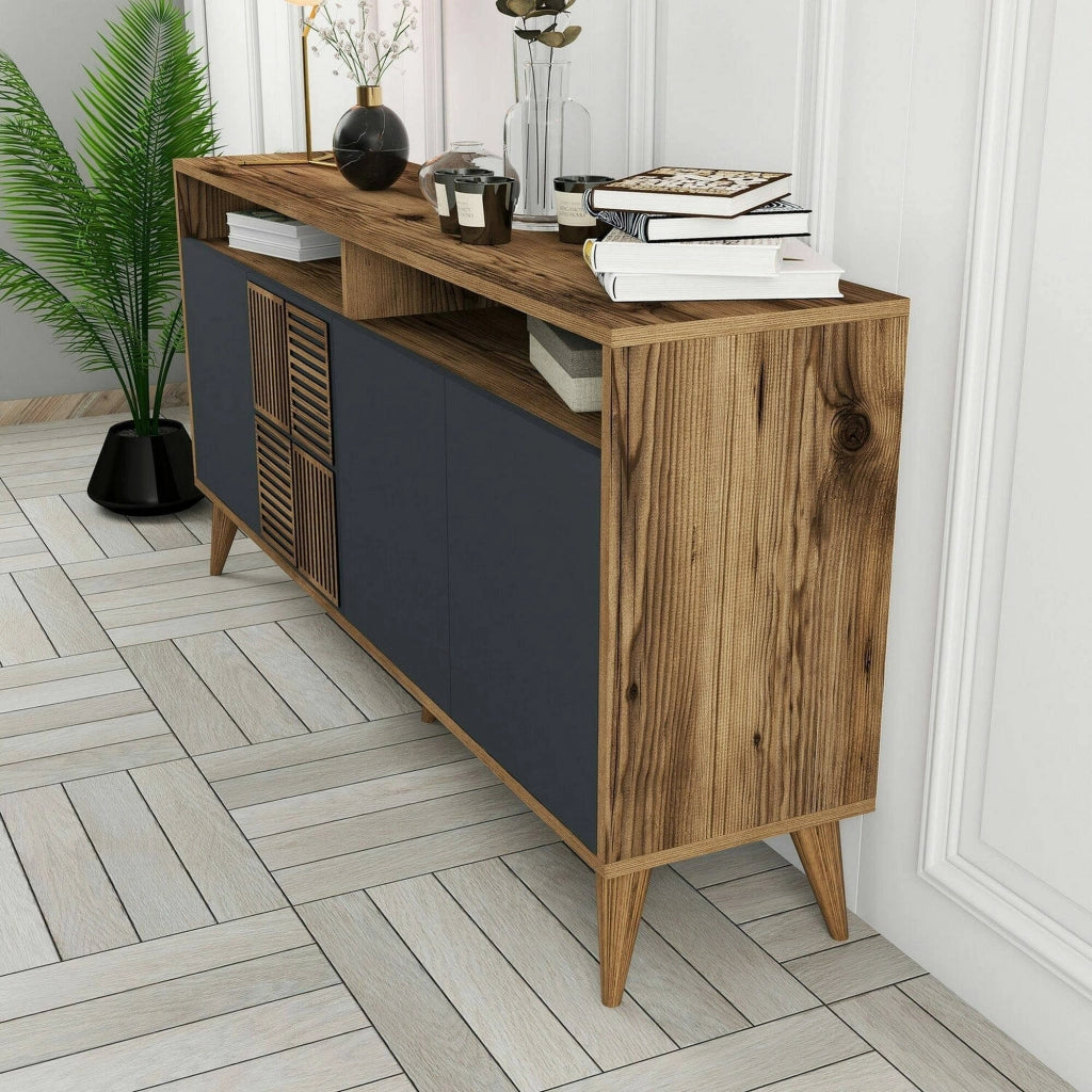 Credenza Garigliano, Buffet da soggiorno, Madia da salotto, Dispensa da cucina, 160x35h79 cm, Noce e Antracite
