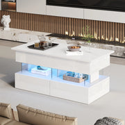 Tavolino da caffè 100 x 50 x 46 cm con piano sollevabile; 2 cassetti; LED; MDF bianco