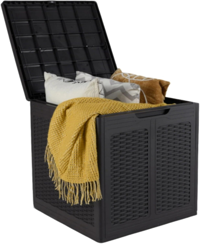 Baule da Esterno 145 L, Cassapanca Contenitore Impermeabile con Effetto Rattan, Coperchio Bloccabile e Maniglie, per Giardino, Patio e Piscina, 56 x 56 x 60,5 cm (Marrone)