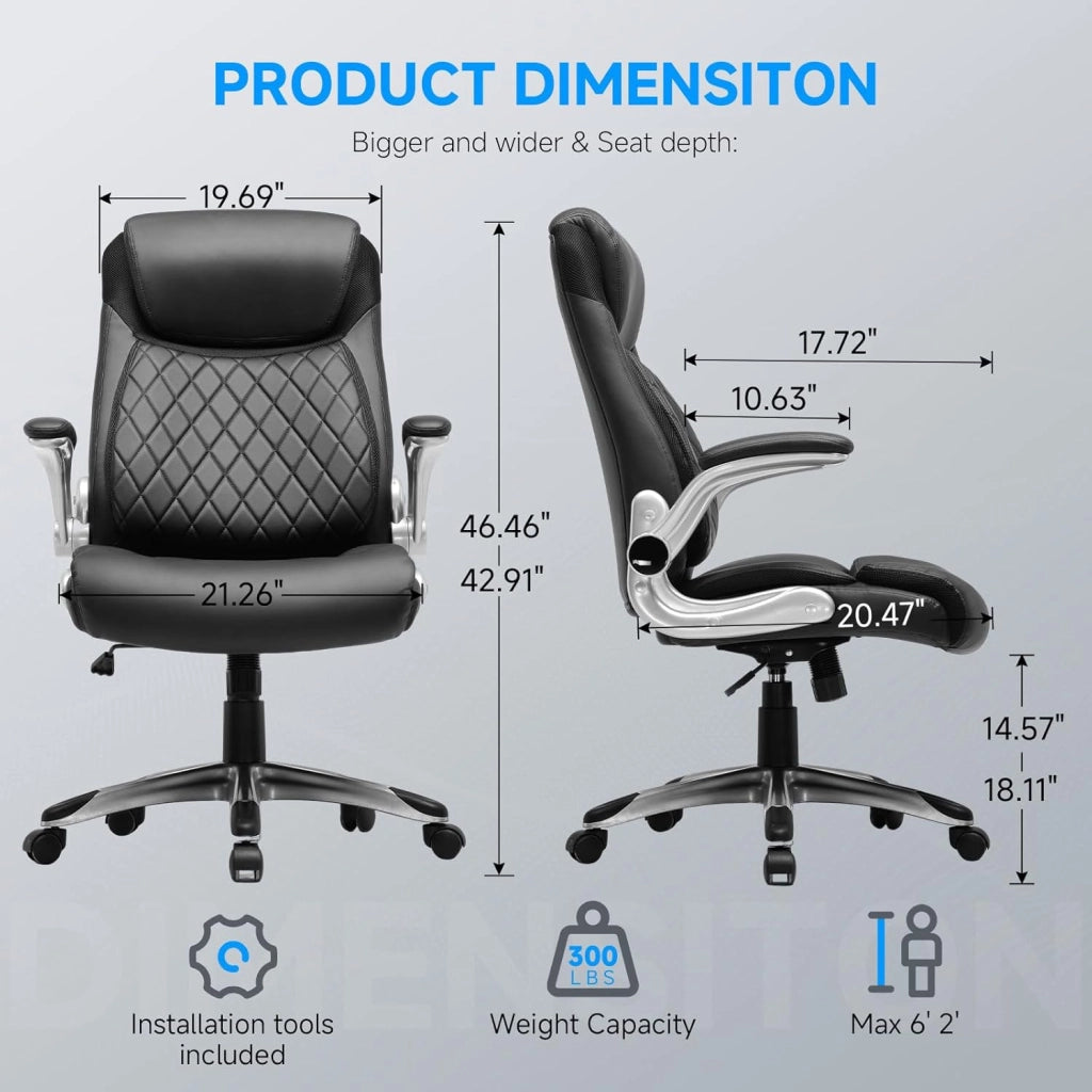Sedia da ufficio ergonomica, con braccioli pieghevoli e schienale alto, funzione basculante, regolabile in altezza, in pelle, antigraffio