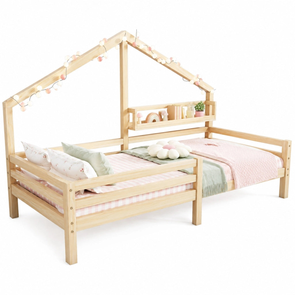 Letto a casetta singolo con barriera e scaffale 90 × 200 cm; senza materasso; in pino naturale