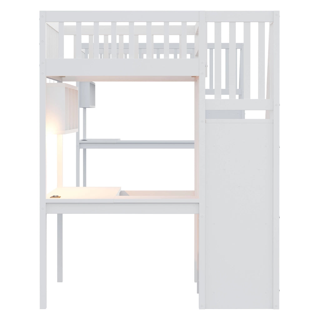 Letto a soppalco 90x200 cm con scrivania; scala contenitore e LED; bianco