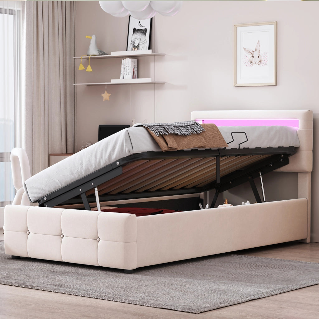 OKWISH Letto Contenitore 90×200 cm, Letto Singolo con LED, Contenitore Idraulico e Testiera Regolabile, senza Materasso, in Velluto, Beige