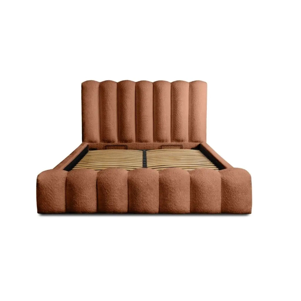 Letto contenitore BADJA - Tessuto bouclé Terracotta - 180x200 cm - Rete sollevabile - Design di alta gamma