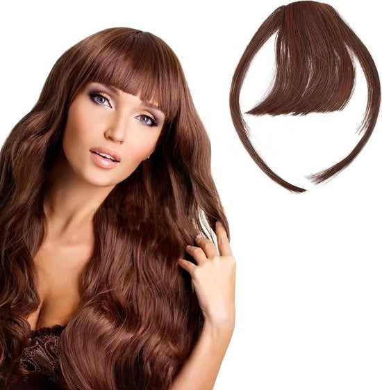 Clip-in estensioni capillari con Bangs wispy e coda di cavallo in lichtbruno - Faux capelli con Bangs curvi naturali in lichtbruno - Estensioni capillari clip-in con wispy pony e look naturale