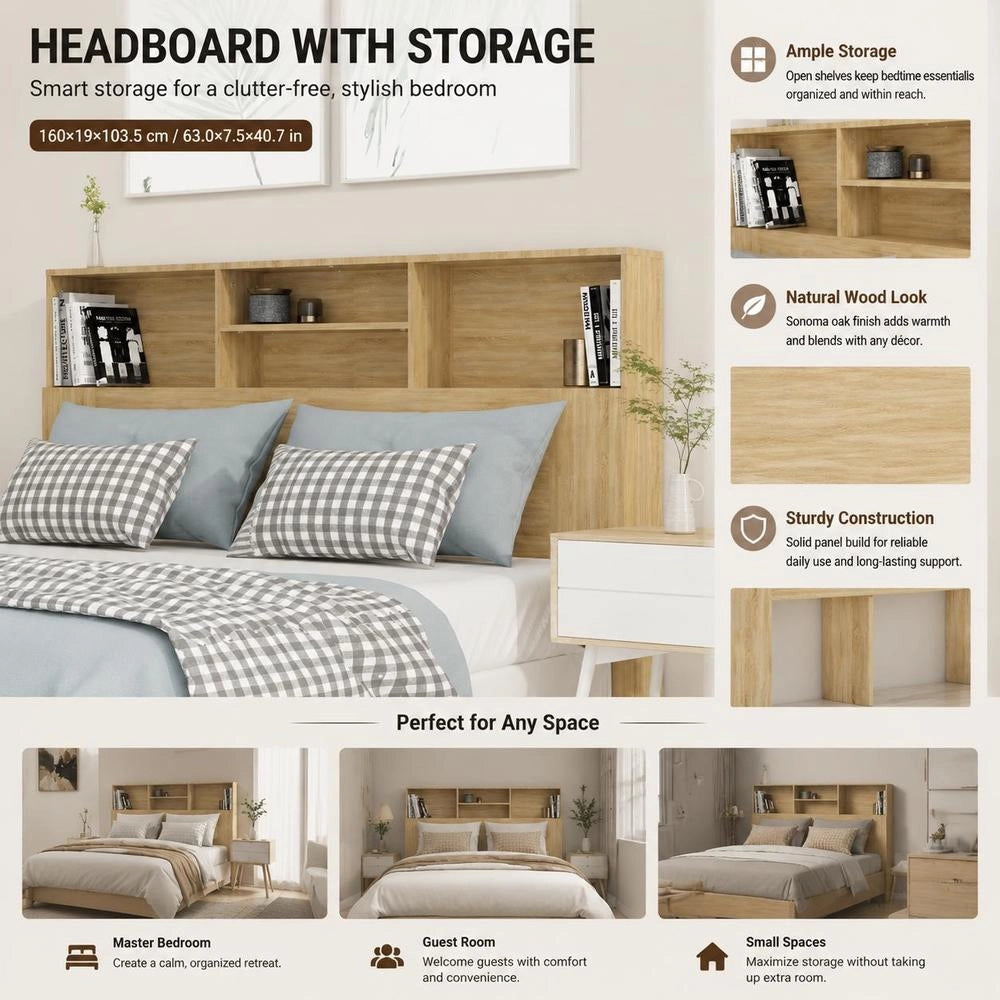 Bed Headboard With Shelves, Sonoma Oak, 160x19x103.5 Cm