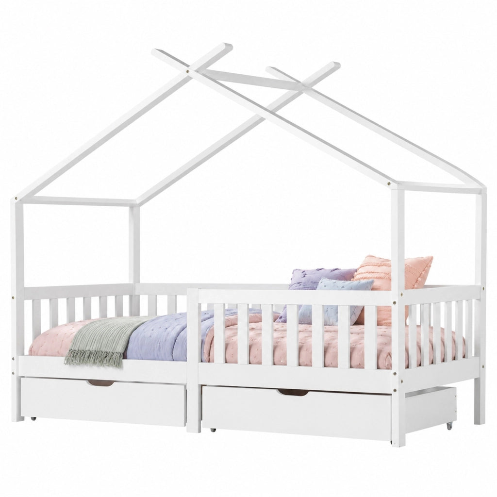 DESMIU Letto a Casetta per Bambini 1 Posto con 2 Cassetti e Barriere di Sicurezza 90 × 200 cm, Senza Materasso