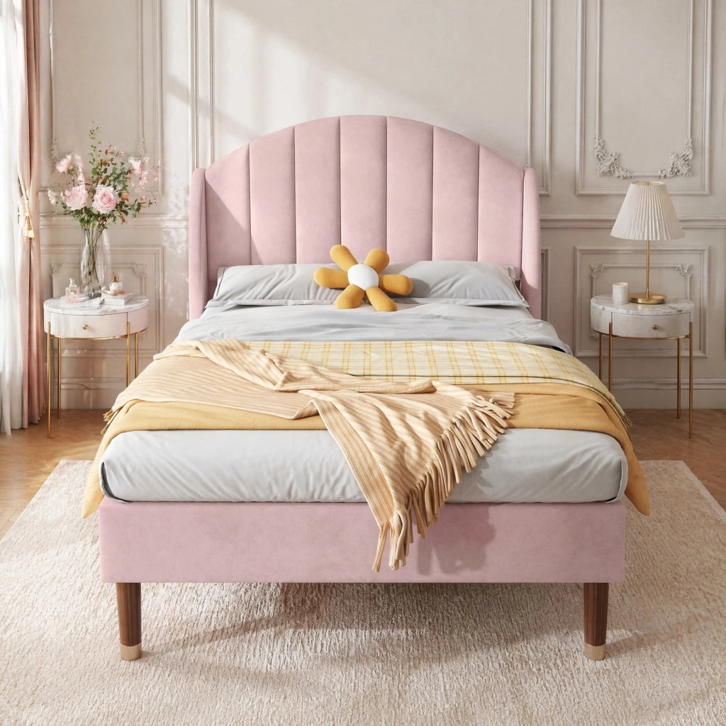 Letto imbottito 90x200 cm in velluto rosa con rete a doghe e testiera, struttura stabile, montaggio semplice