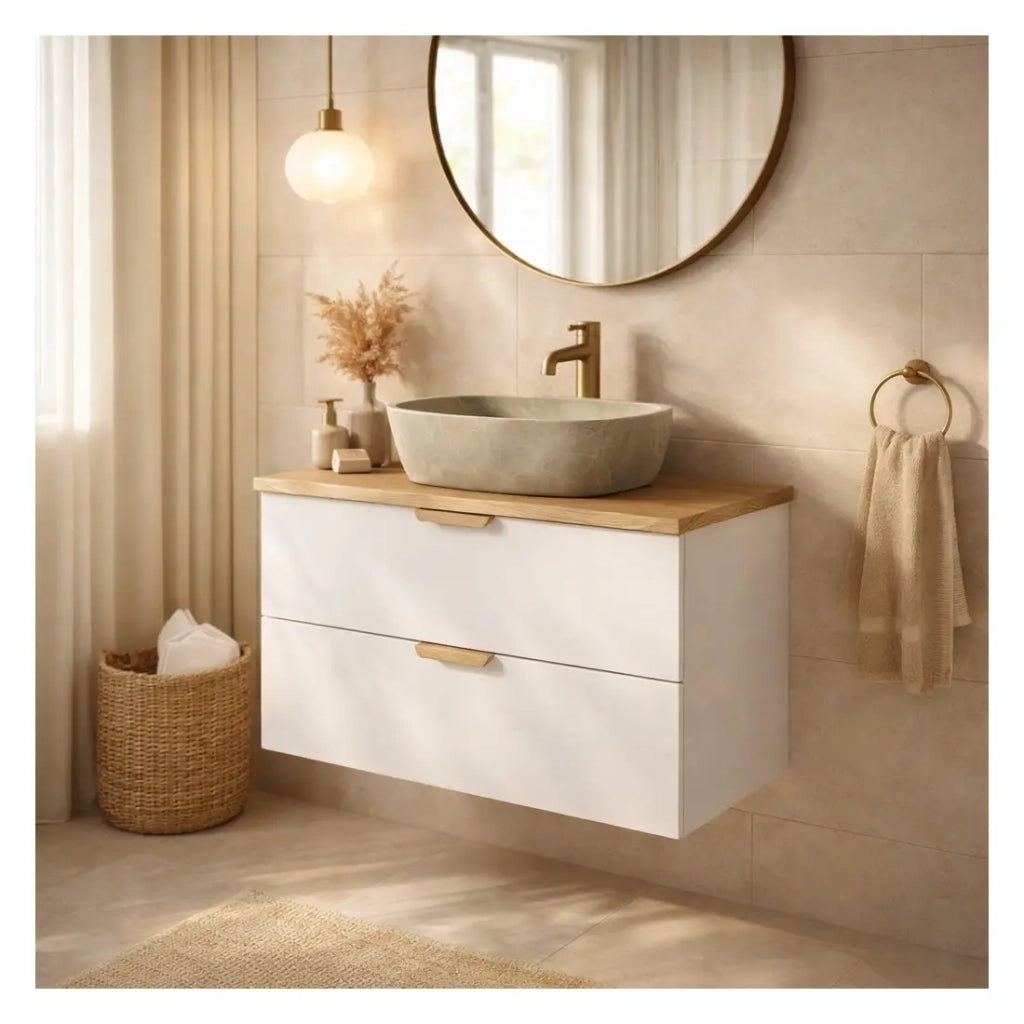 Set da bagno sospeso OSTER 80cm: mobile sotto lavabo con cassetti + piano per lavabo bisellato + lavabo da appoggio