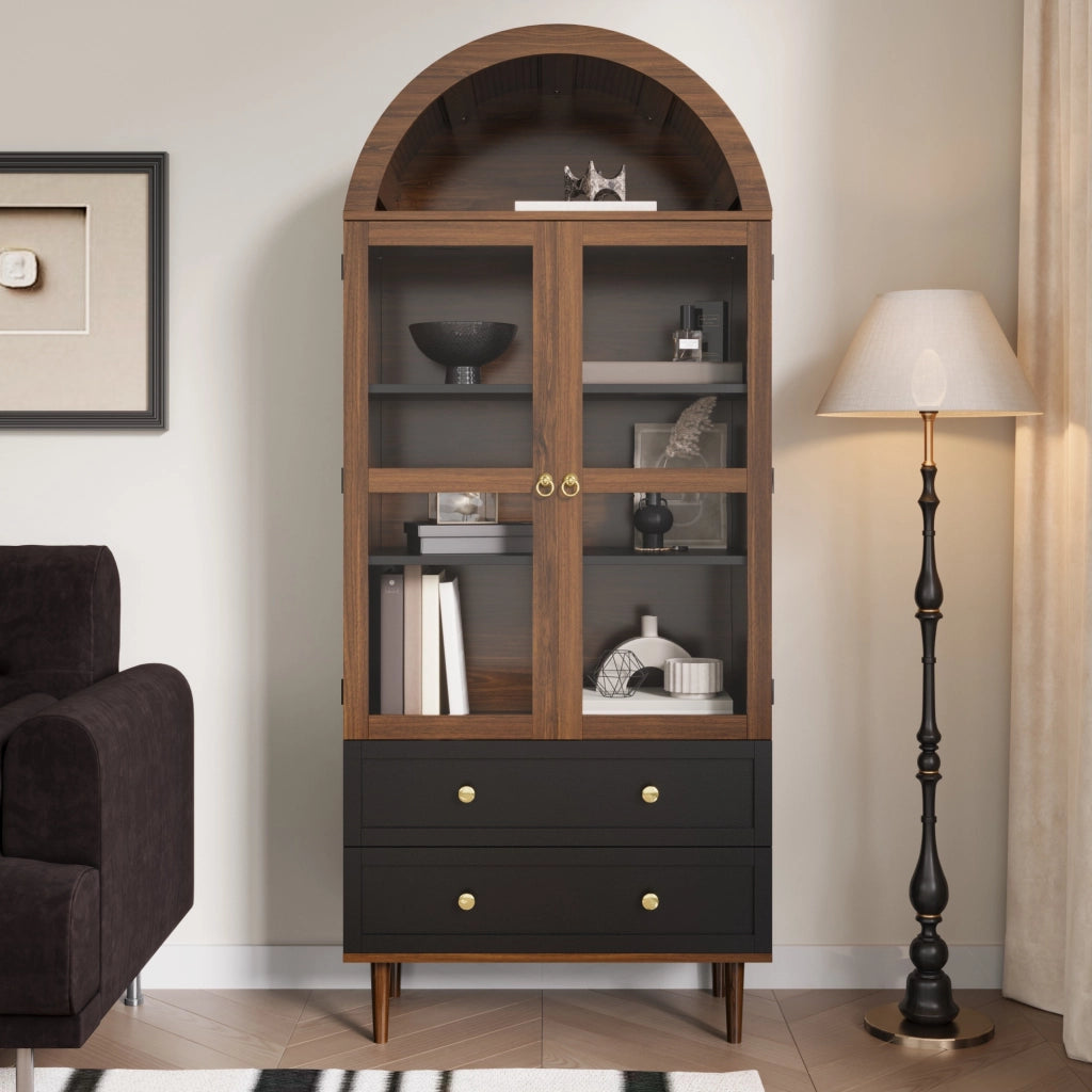 OKWISH Credenza Contenitore con Ripiani Regolabili e Anta in Vetro Rigato, Stile Retrò Moderno, MDF, Noce