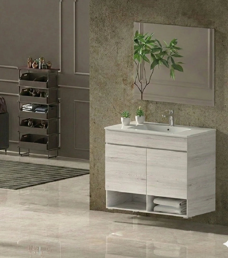 Mobile Bagno NEBARI Già Montato 2 portas, lavabo e specchio Bianco nordico 50x40 cm
