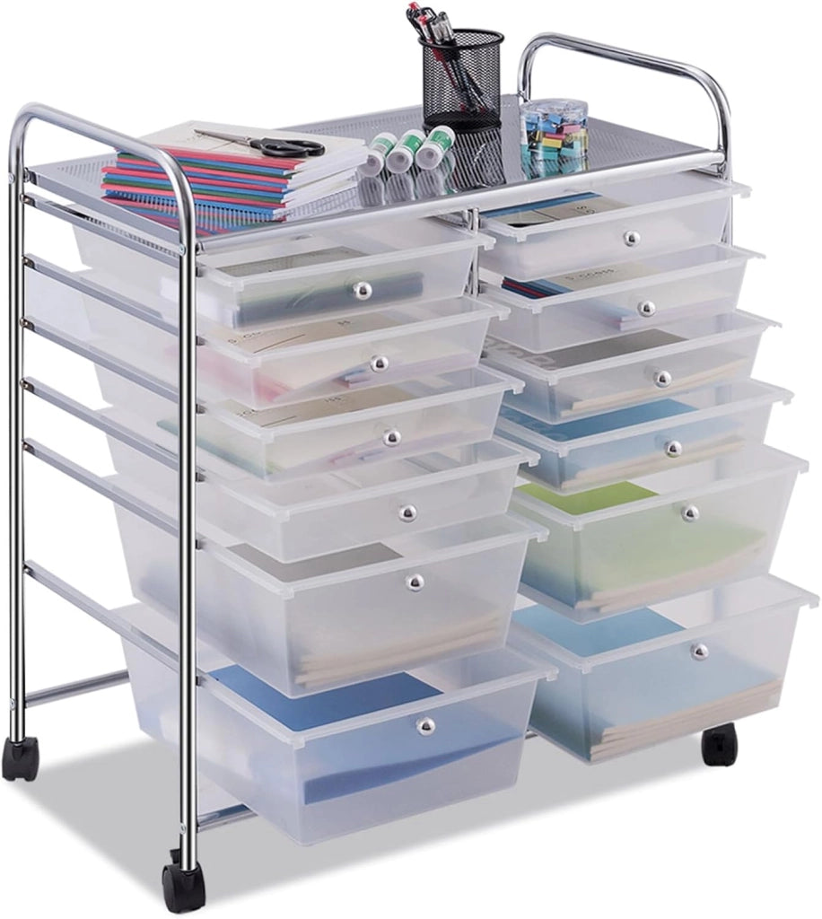 Carrello con 12 Cassetti con Ruote, Carrello di Stoccaggio Multiuso con Ampio Spazio di Archiviazione, Ideale per Casa Ufficio Domestico, 73,5 x 37 x 63 cm (Trasparente)