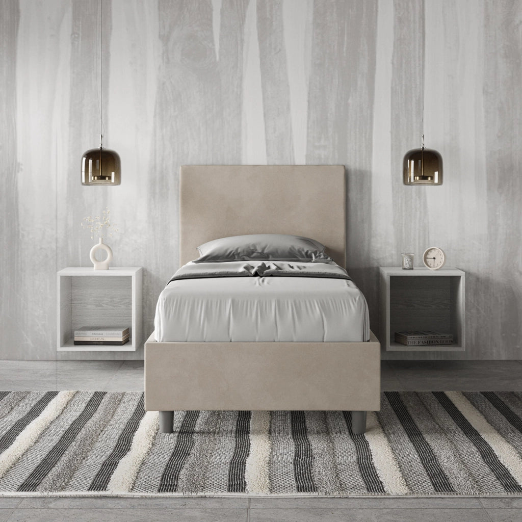 BS COM Letto singolo contenitore imbottito 80x200 microfibra sabbia