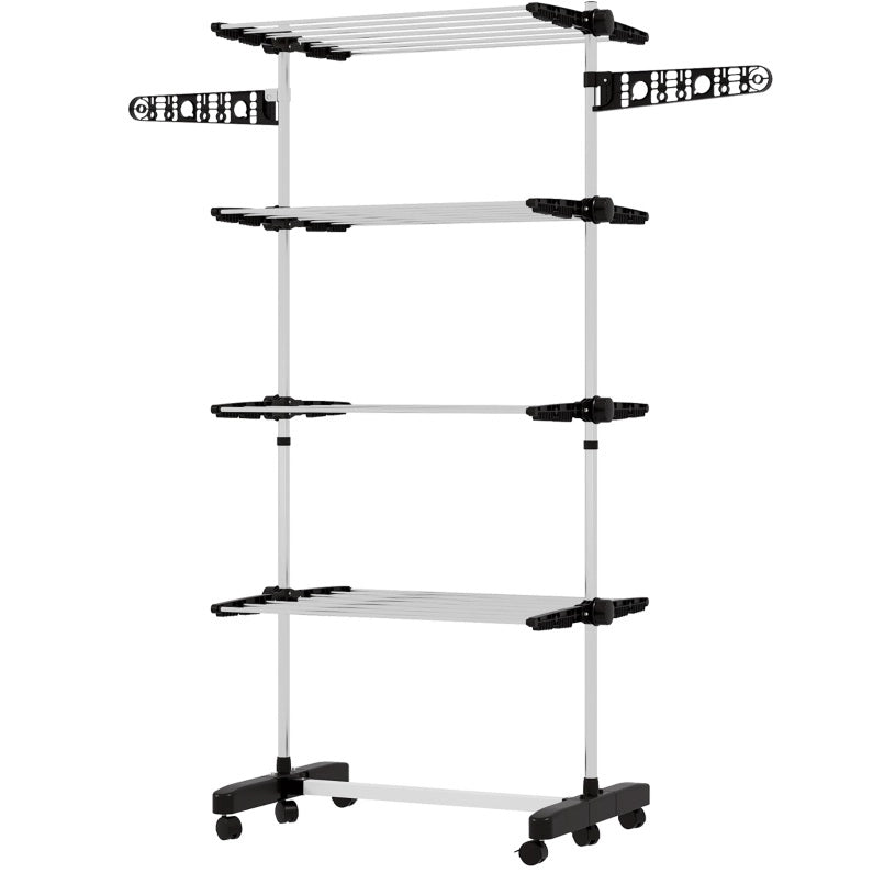 Stendibiancheria pieghevole a 5 livelli con ruote e sistema One-Click, 142x55x172 cm, nero e argento