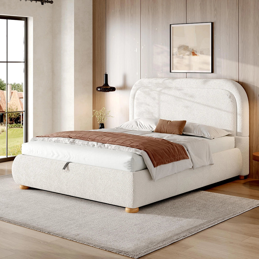Letto imbottito matrimoniale - Xylo - 160x200 cm - Bianco - Funzione idraulica, testiera imbottita, ampio spazio di archiviazione
