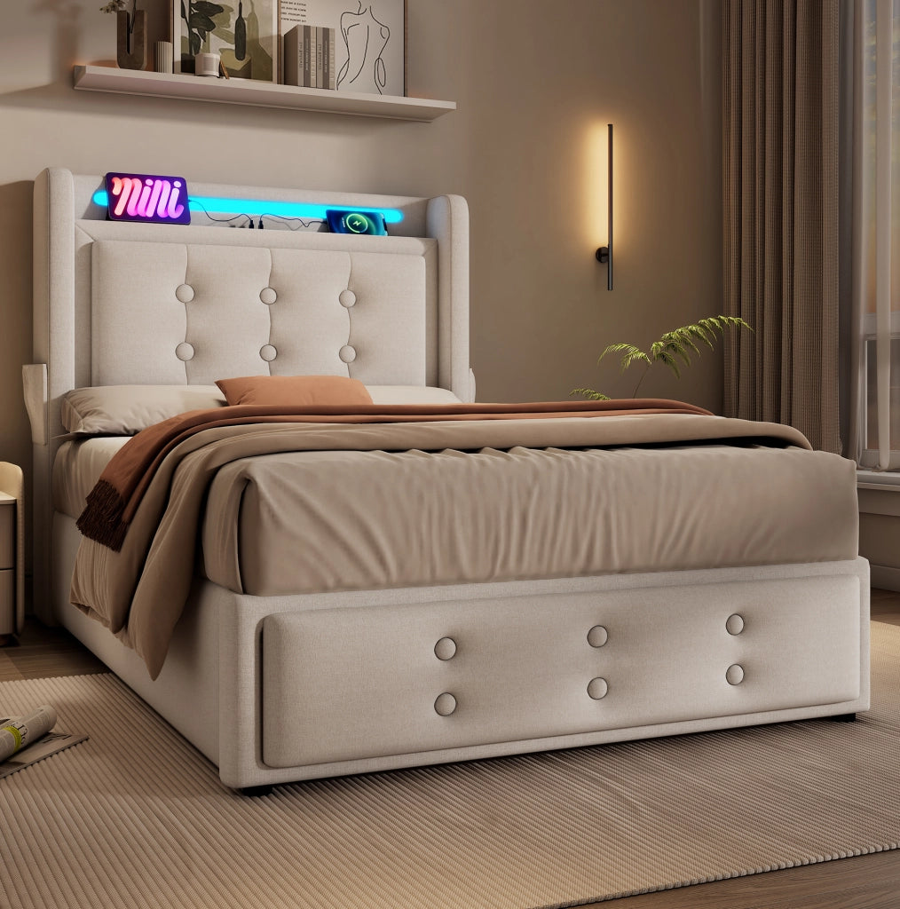 Letto imbottito 90x200 con testiera LED, prese USB e contenitore