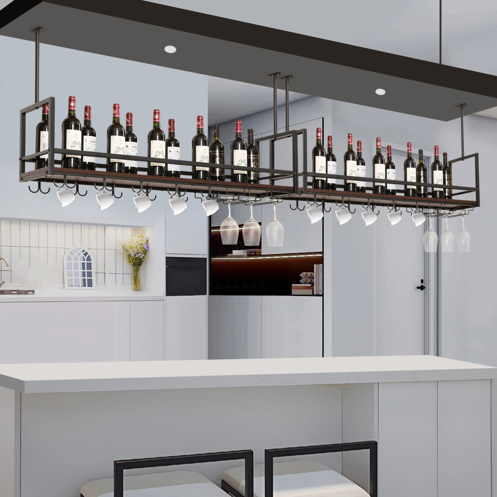 Portabottiglie Sospeso da Soffitto Borejle con Portacalici e Ganci per Tazze 120x30x65 cm Nero / Effetto Noce [en.casa]