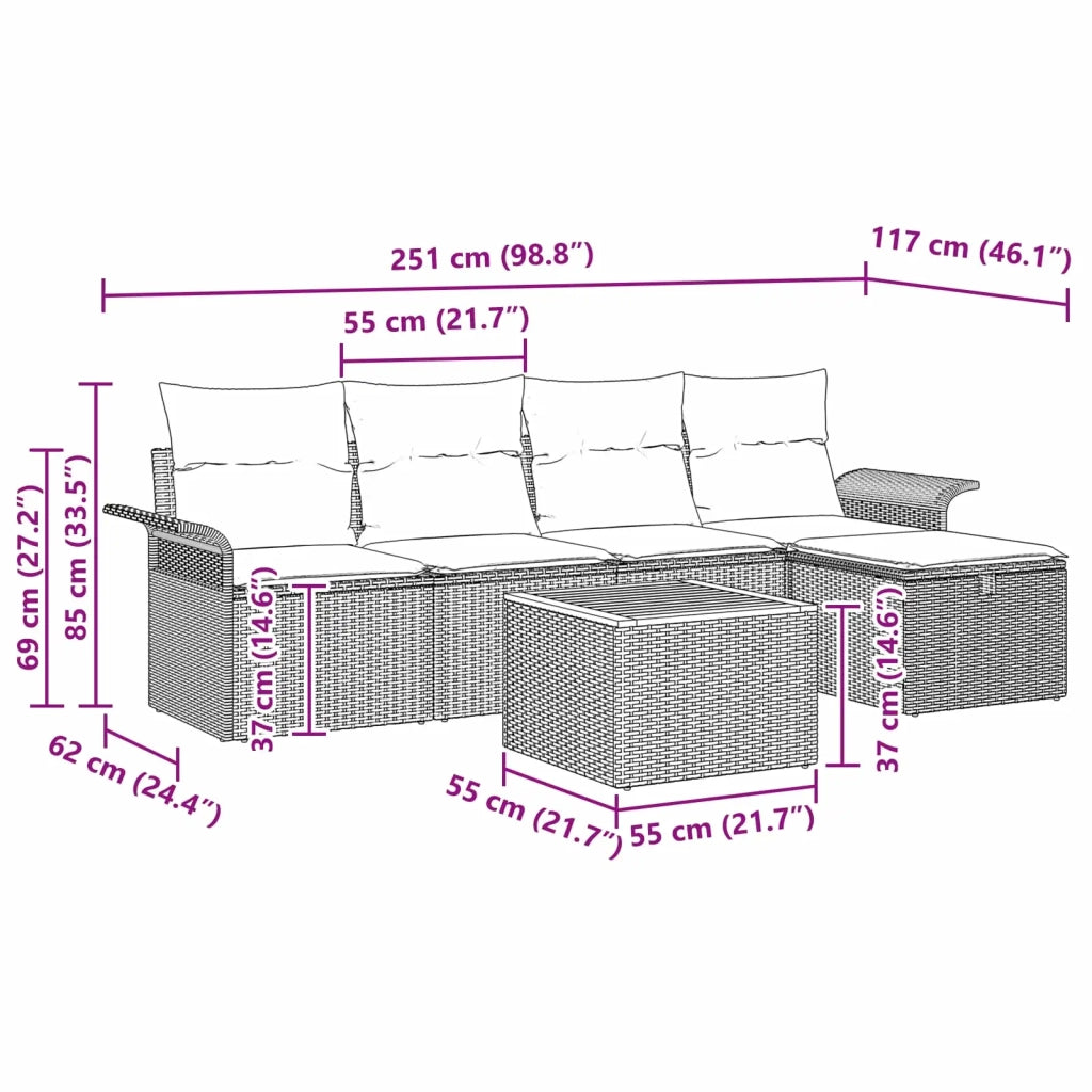 Set Divano da Giardino con cuscino 6 pcs Grigio polyrattan