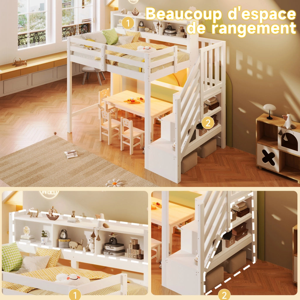 Letto a soppalco per bambini 90x200 cm con LED e scala contenitore