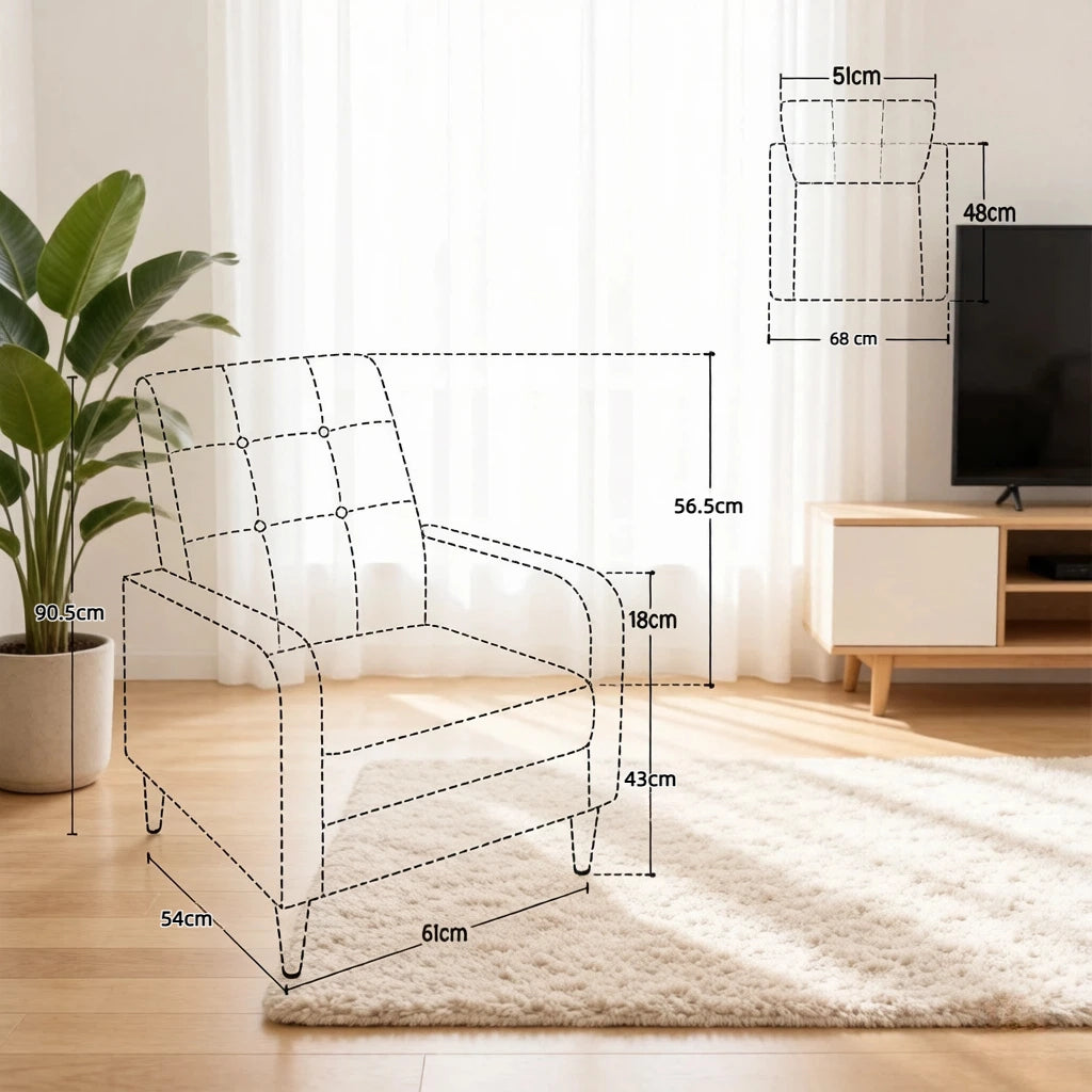 Poltrona imbottita in lino beige con schienale alto, braccioli e struttura in legno