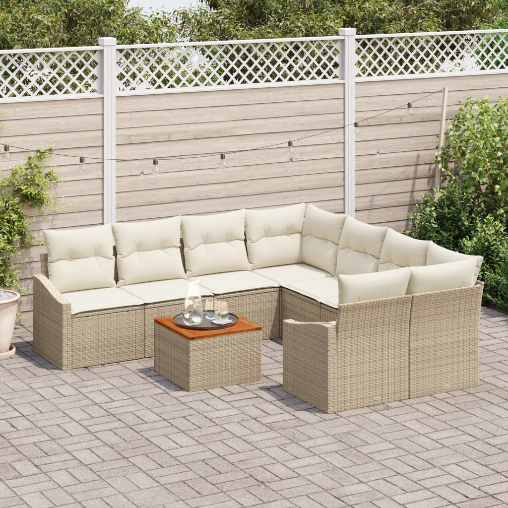 Set di divani da giardino da 9 pezzi con cuscini beige in polyrattan e acacia