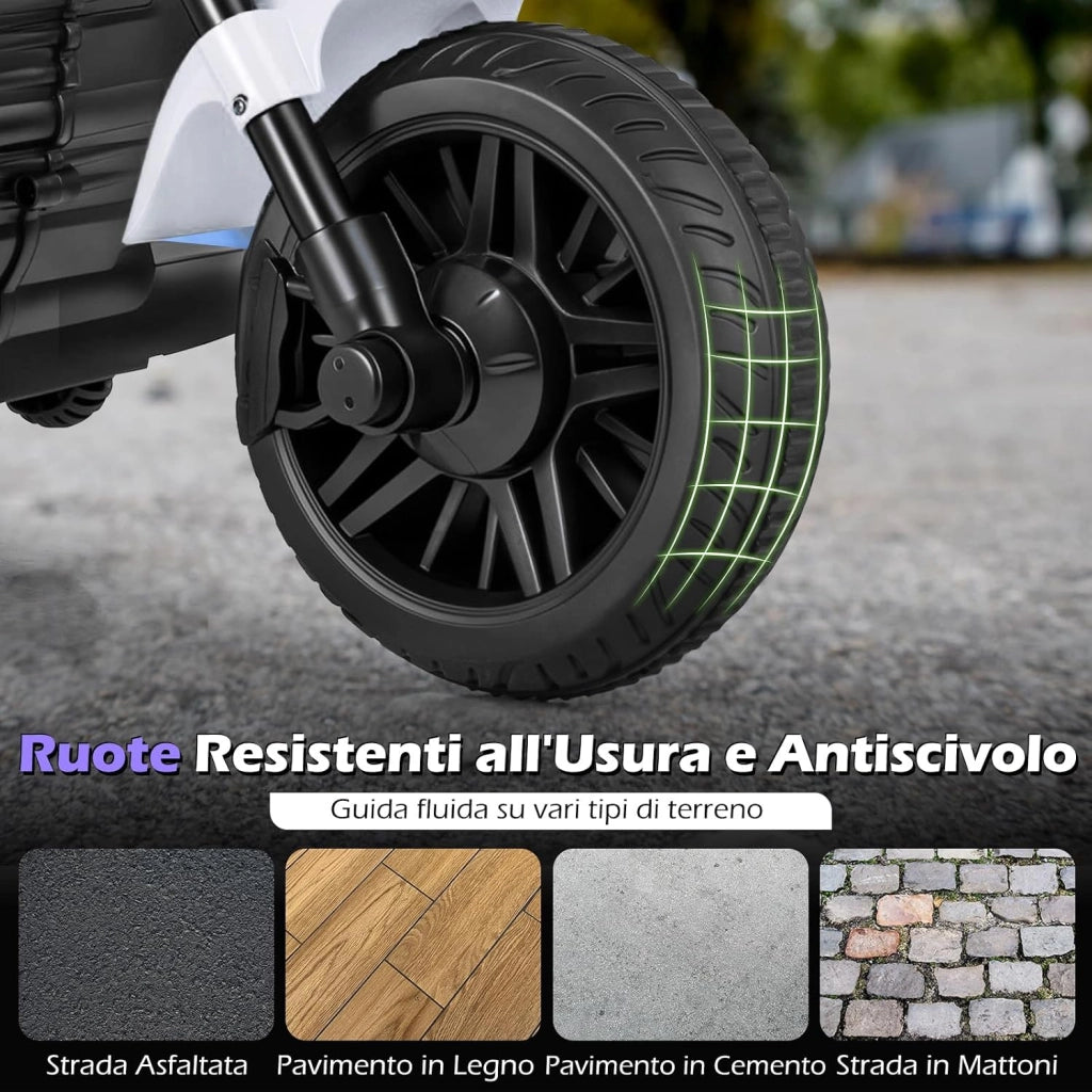 Moto Elettrica per Bambini, 6V Moto Cavalcabile con 2 Ruote di Supporto, Pedale, Fari e Musica, 2,4 km/h, per Bambini 3 Anni+, 79x58x56 cm (Bianco)