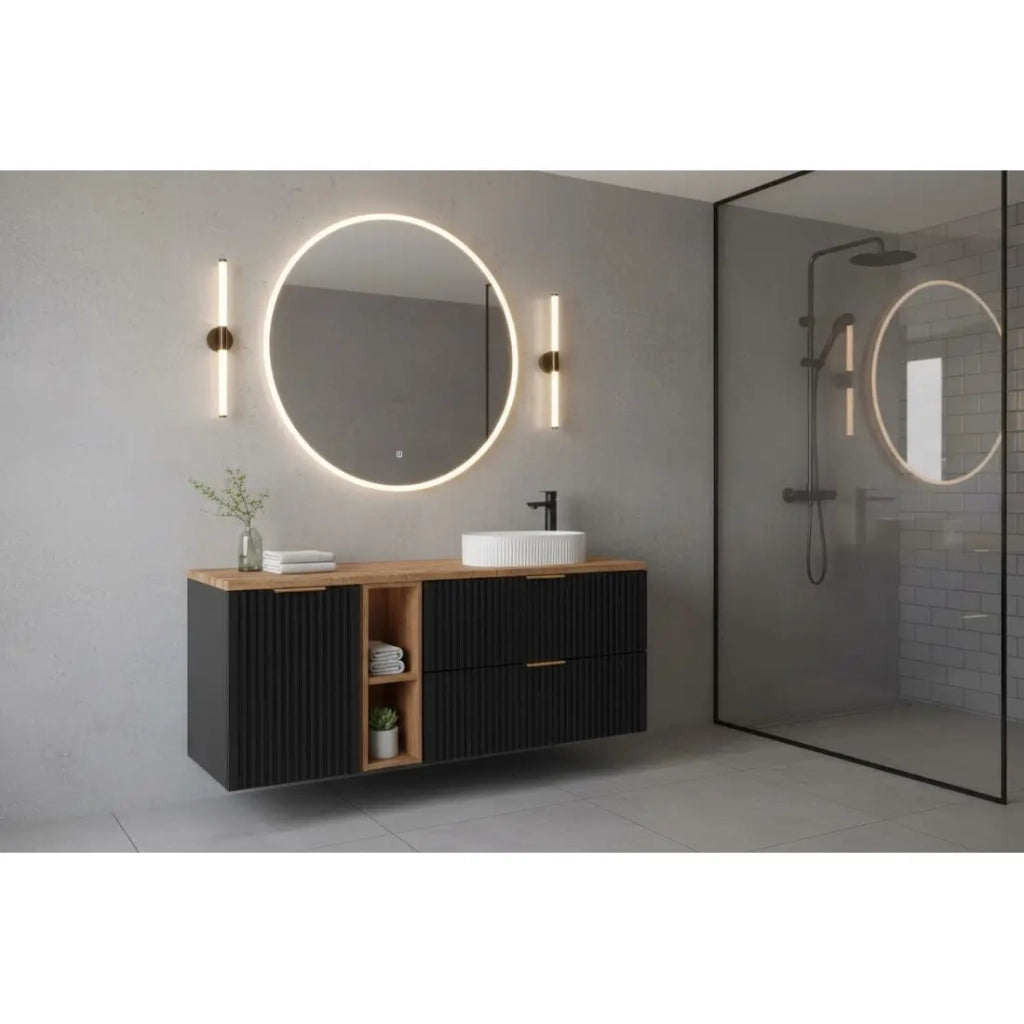 Mobile sottolavabo NOXERA 140 cm - Nero opaco & rovere - 2 cassetti + cesto per la biancheria + piano per lavabo + nicchie + lavabo