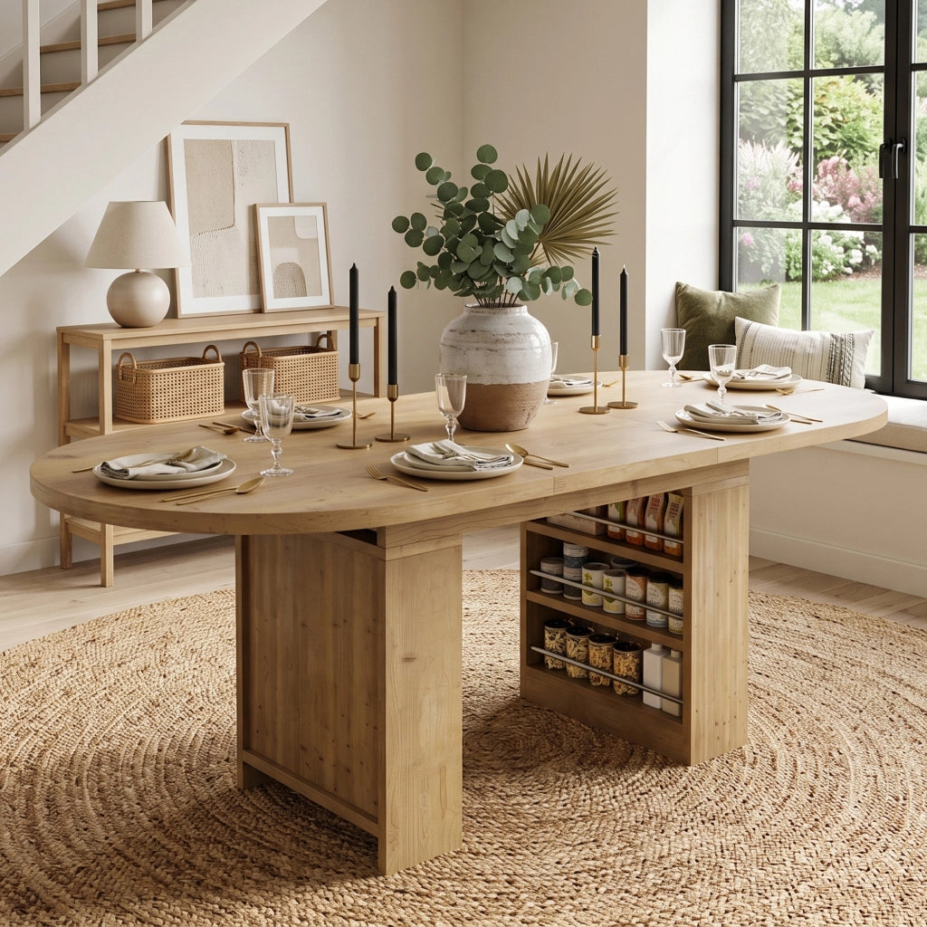 Tavolo allungabile per 6-8 persone con 2 vani aperti e piano spesso, struttura robusta, per sala da pranzo, in MDF, rovere