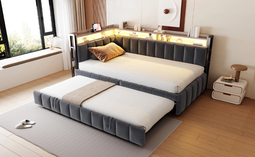 DESMIU Divano letto 90 × 200 cm 1 posto con LED regolabile, USB e Type-C, senza materasso, in velluto grigio