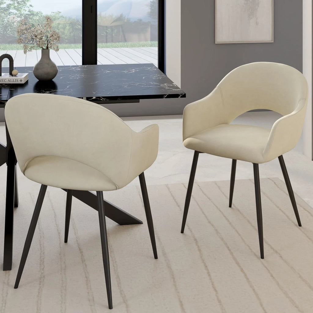 IDMarket - Set di 2 sedie e poltrone da pranzo in velluto crema CLARA