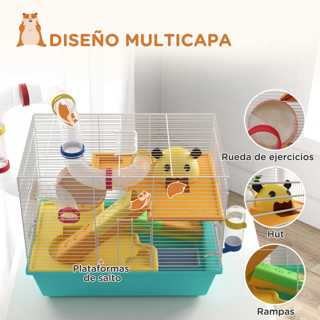 Gabbia per Criceti con Tunnel Piattaforme Ciotola Biberon Casetta Ramp e Ruota ¨C zephmum ¨C 45x28x37 cm Azzurro