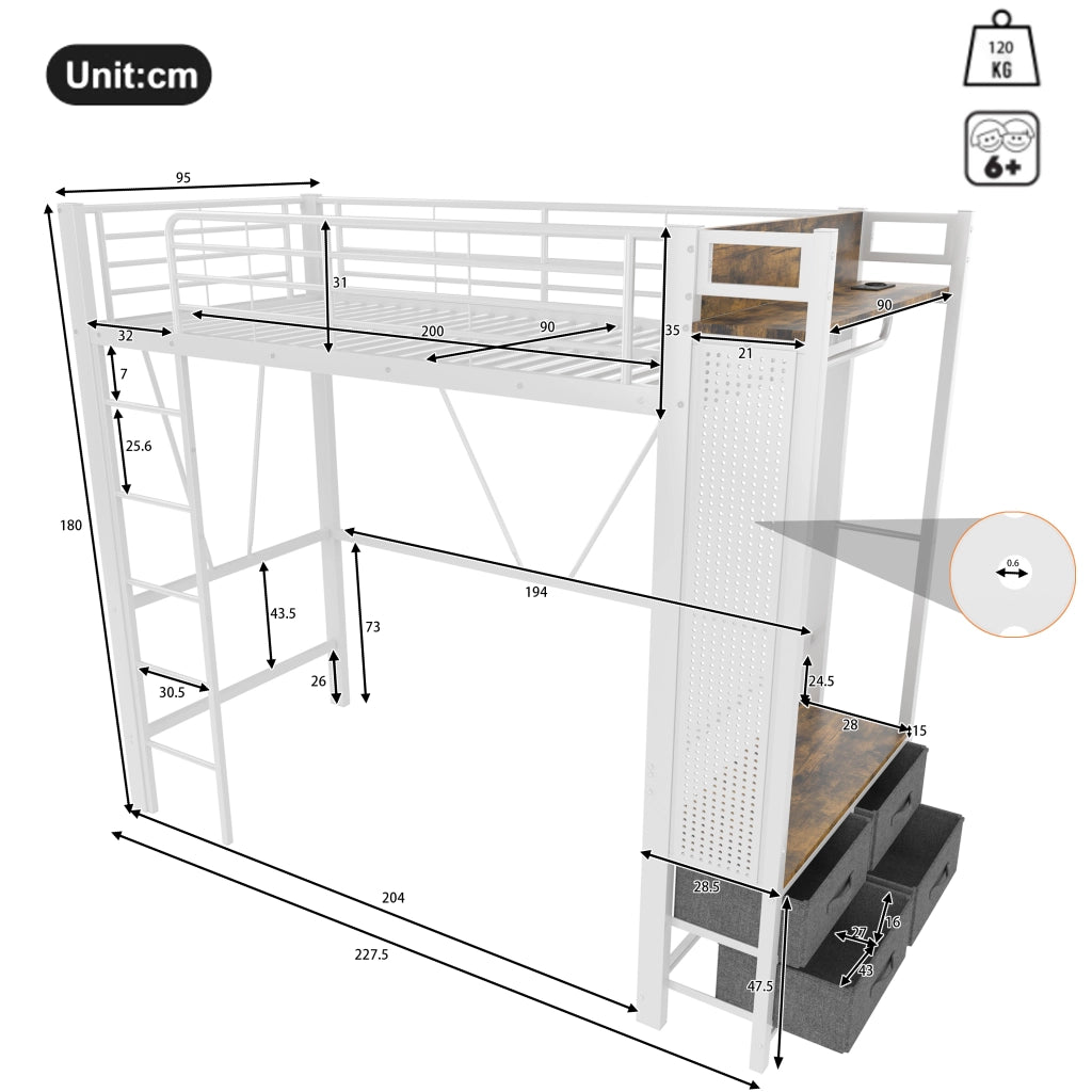 Letto a Soppalco Singolo con 4 Cassetti; USB; Porta C e LED 90 × 200 cm; senza Materasso; Metallo Bianco