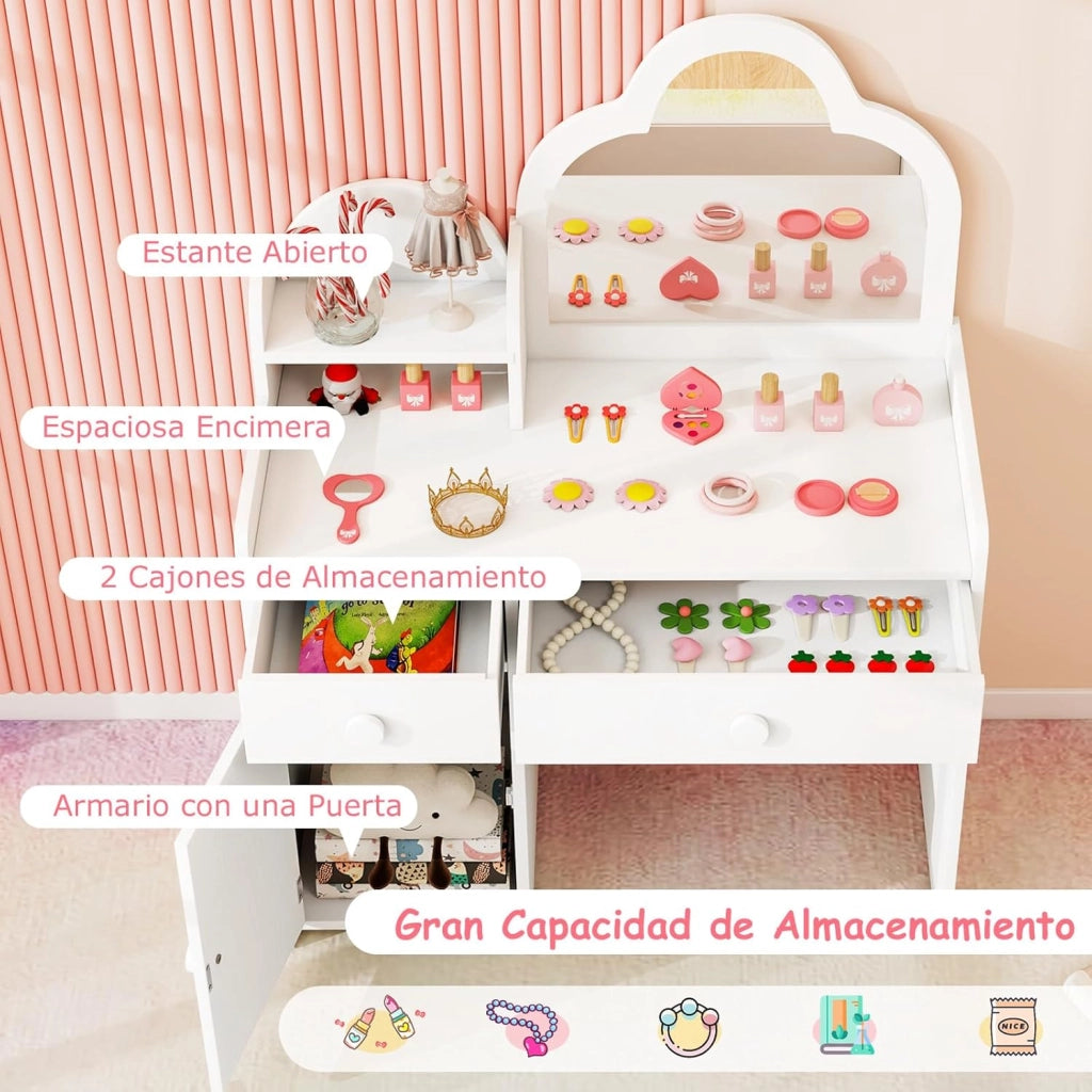 Set Toeletta Trucco per Bambina con Sedia, Tavolo Trucco Specchio a Nuvola Staccabile, Postazione Trucco con Ante e 2 Cassetti, per Bambine 3-7 Anni, Bianco