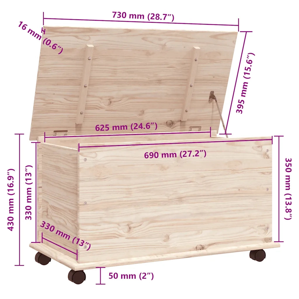Cassapanca con Ruote-Baule-Armadietto contenitore ALTA 73x39,5x43 cm Legno Massello di Pino