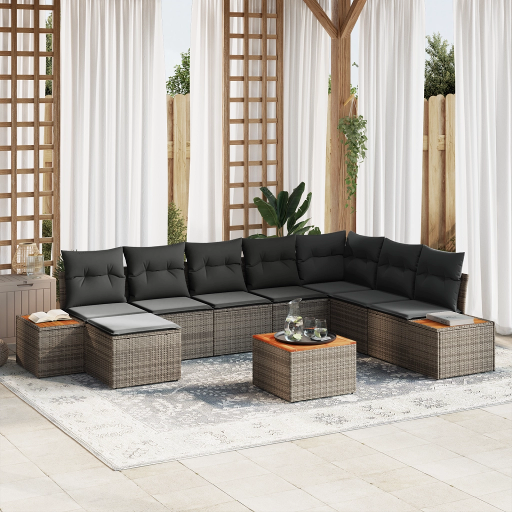 Set di divani da giardino con cuscini  9 pezzi Grigio Polyrattan Acacia